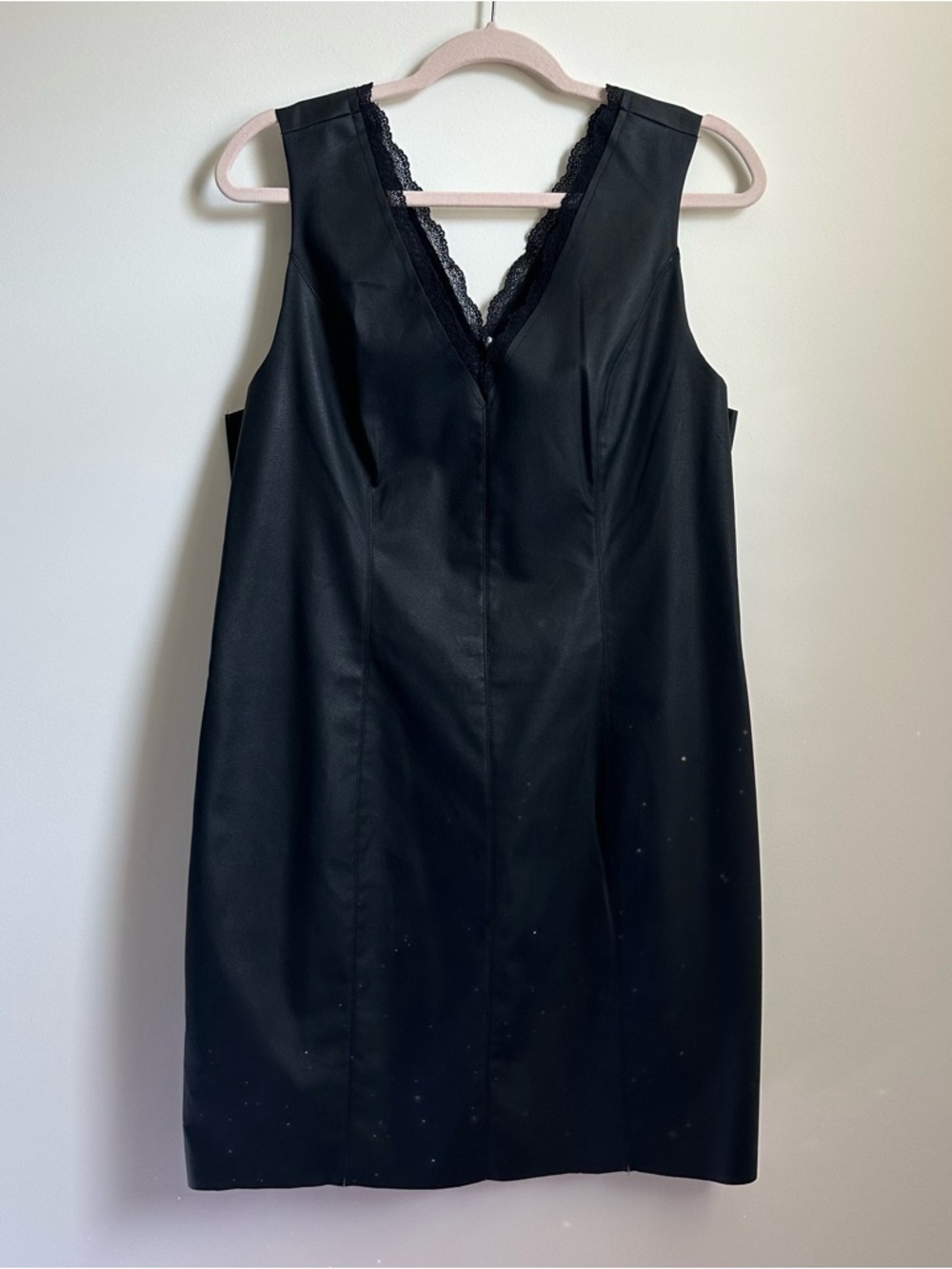 Black Lace-Trim V-Neck Sleeveless Leather Dress - Picture 1 of 5